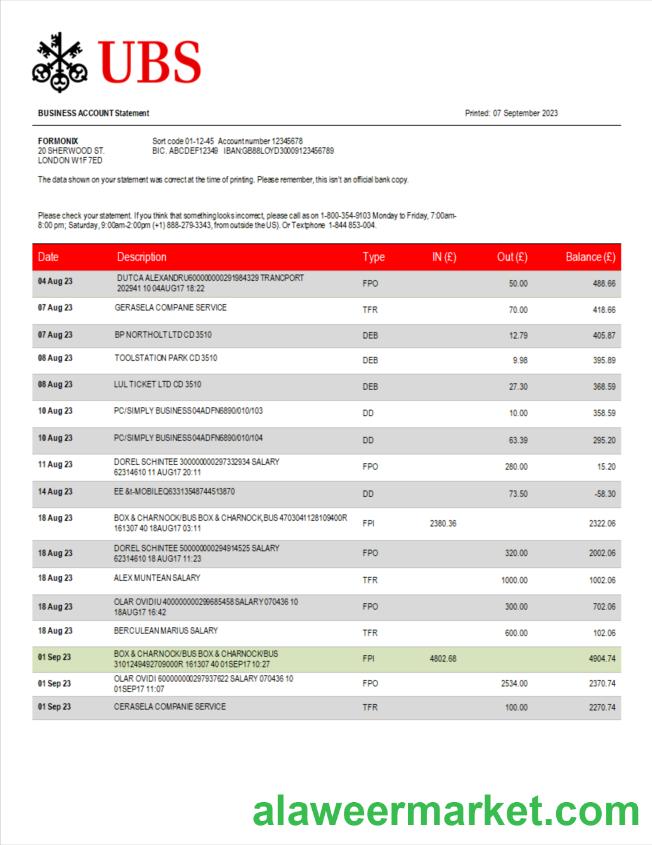 UBS Bank corporate checking account statement Word and PDF template